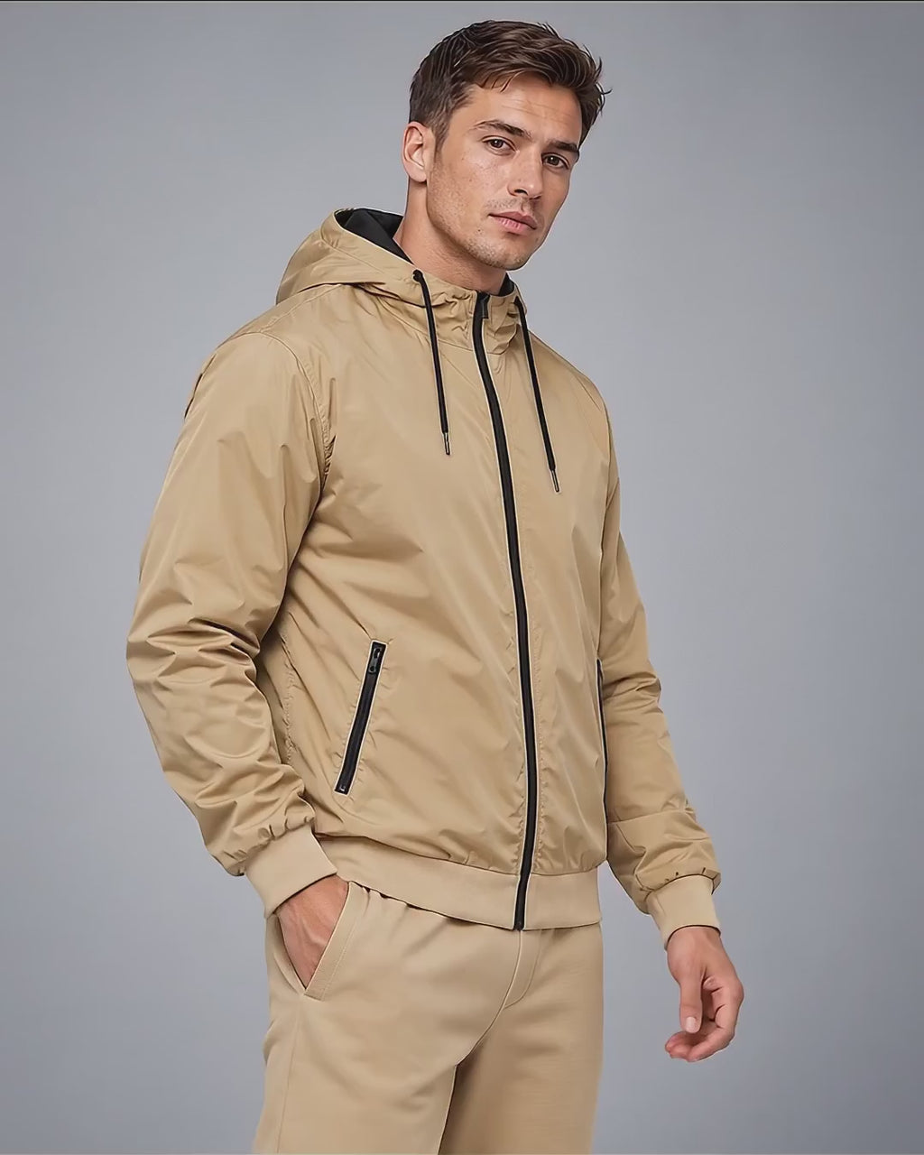 BBD 6100 Beige/Schwarz – leichte Herren-Kapuzenjacke im lässigen Model-Look, sandbeiger Windbreaker mit schwarzem Frontzip, schrägen Taschenverschlüssen und elastischen Ärmelabschlüssen.