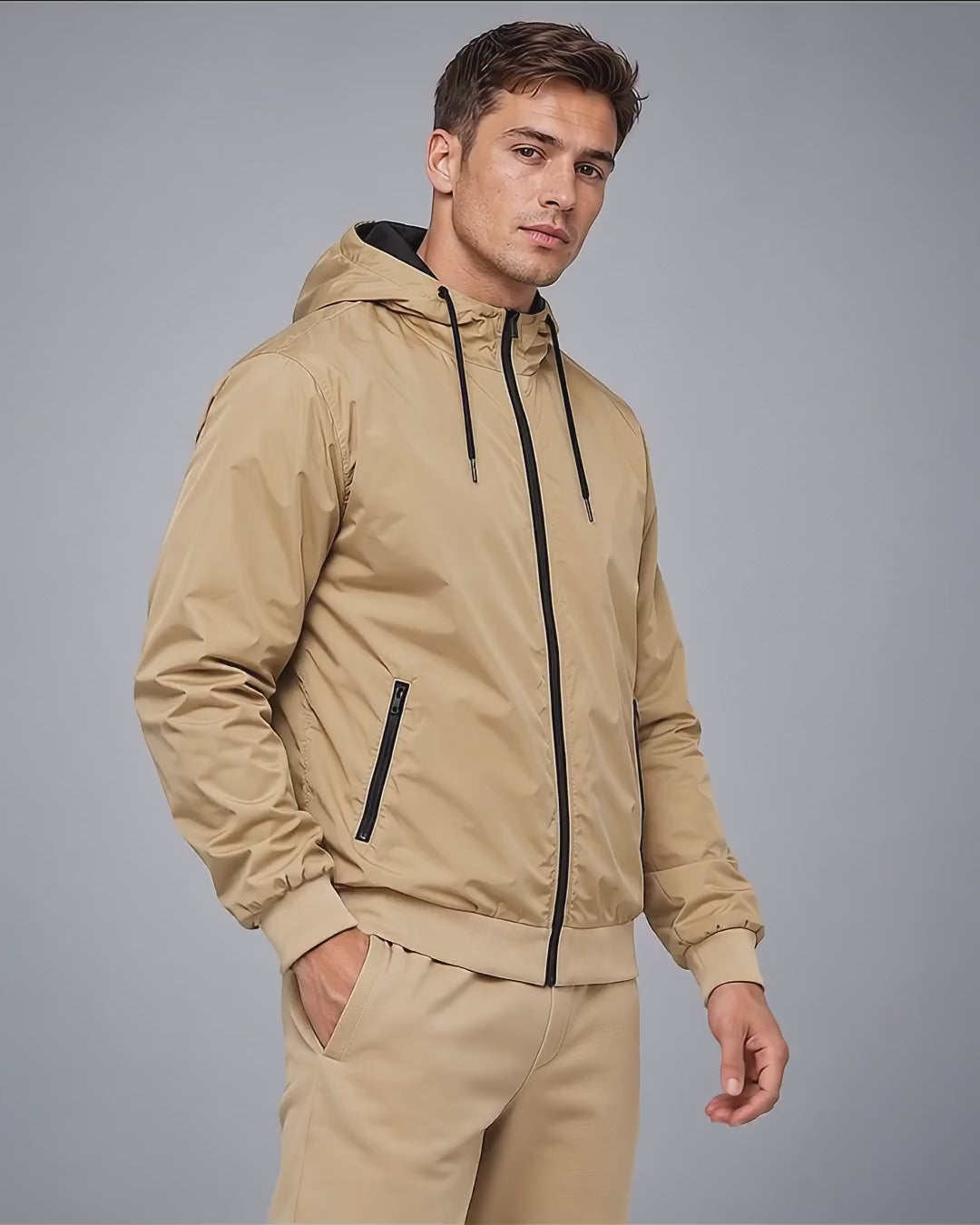 BBD 6100 Beige/Schwarz – leichte Herren-Kapuzenjacke im lässigen Model-Look, sandbeiger Windbreaker mit schwarzem Frontzip, schrägen Taschenverschlüssen und elastischen Ärmelabschlüssen.
