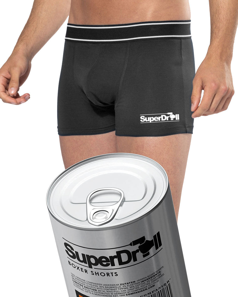 Geschenkidee ― Aufreißwäsche: SUPER DRILL Men's Boxer-Shorts (Schwarz) in Aufreißdose