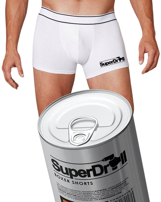 Geschenkidee ― Aufreißwäsche: SUPER DRILL Men's Boxer-Shorts (Weiß) in Aufreißdose
