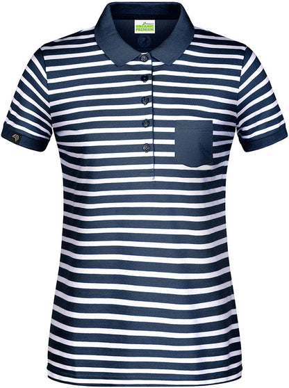 JAN 8029 ― Damen Bio Baumwolle Streifen Polo Shirt - Navy Blau / Weiß