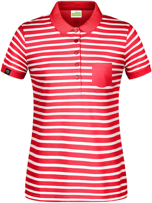 JAN 8029 ― Damen Bio Baumwolle Streifen Polo Shirt - Rot / Weiß