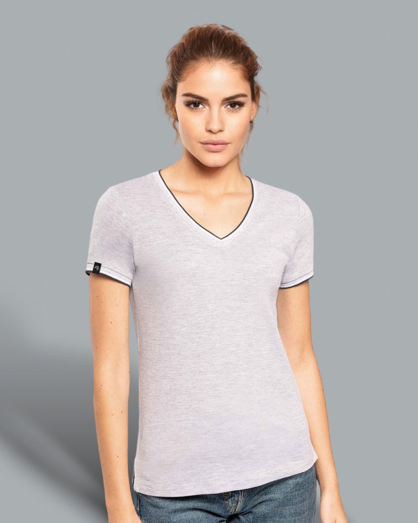 KRB K394 ― Damen Piqué-Trikot V-Neck T-Shirt - Melange Grau / Blau / Weiß