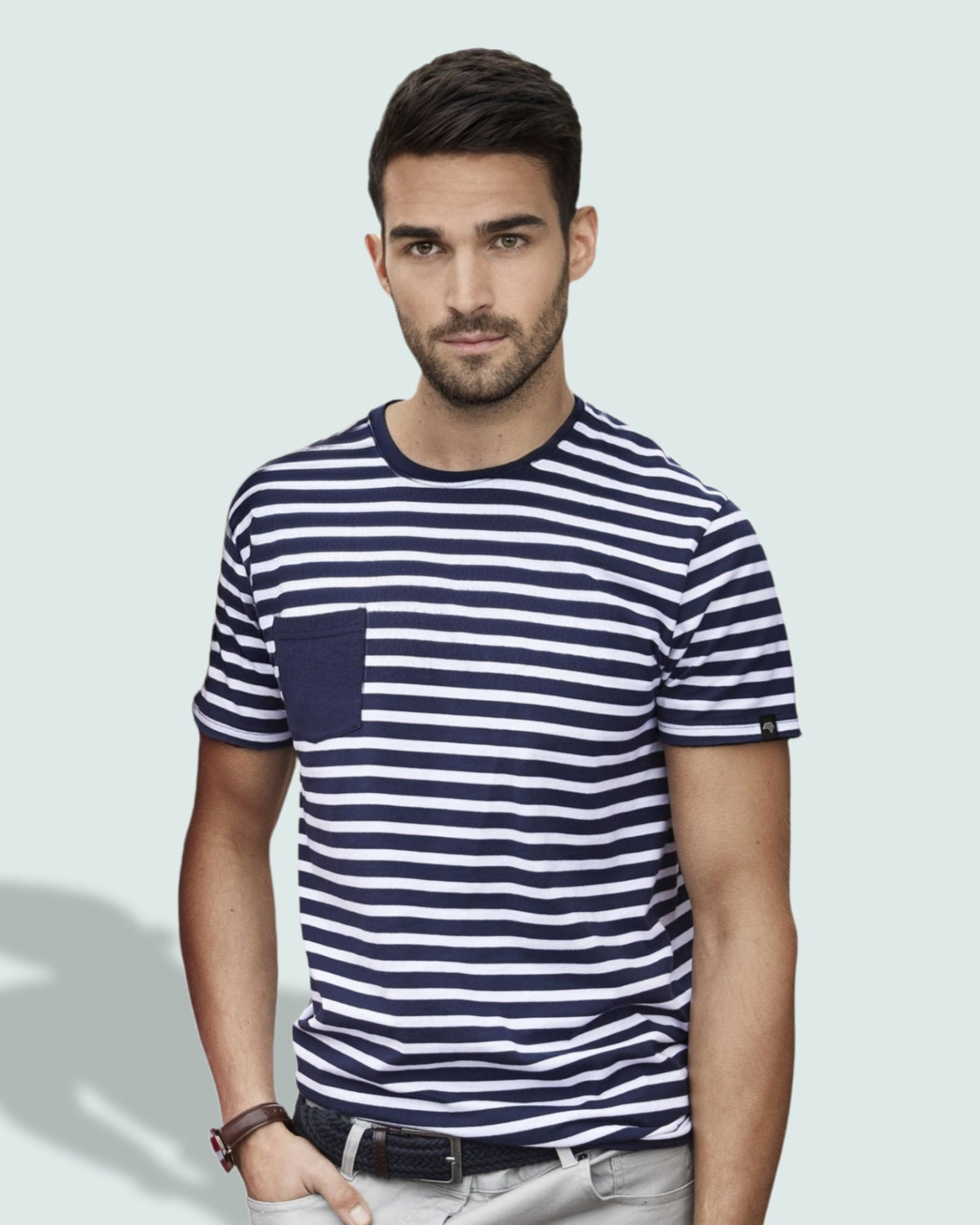 ― % ― JAN 8028 ― Bio-Baumwolle Streifen T-Shirt Hellblau - Atlantic Blau / Weiß / L