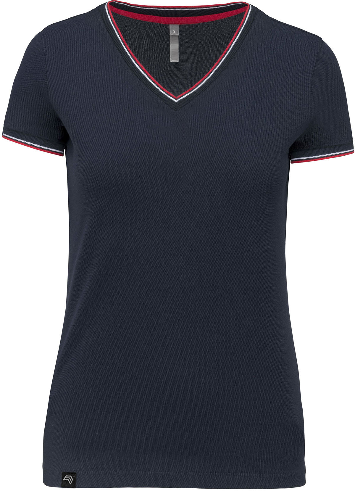 KRB K394 ― Damen Piqué-Trikot V-Neck T-Shirt - Navy Blau / Rot / Weiß