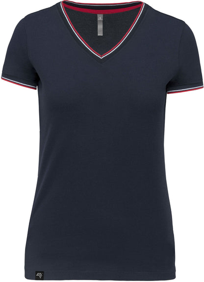 ― % ― KRB K394 ― Women's Piqué-Trikot V-Neck T-Shirt - Navy Blau / Red [XL]