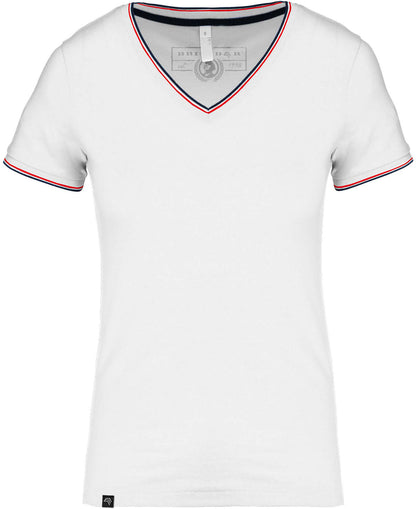 KRB K394 ― Damen Piqué-Trikot V-Neck T-Shirt - Weiß / Blau / Rot