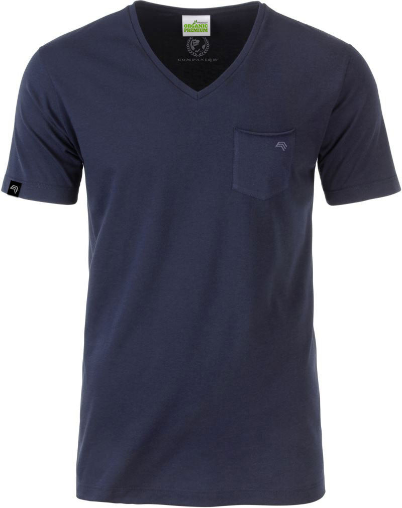 ― % ― JAN 8004 ― Herren Bio-Baumwolle V-Neck T-Shirt mit Brusttasche - Navy Blau / XL