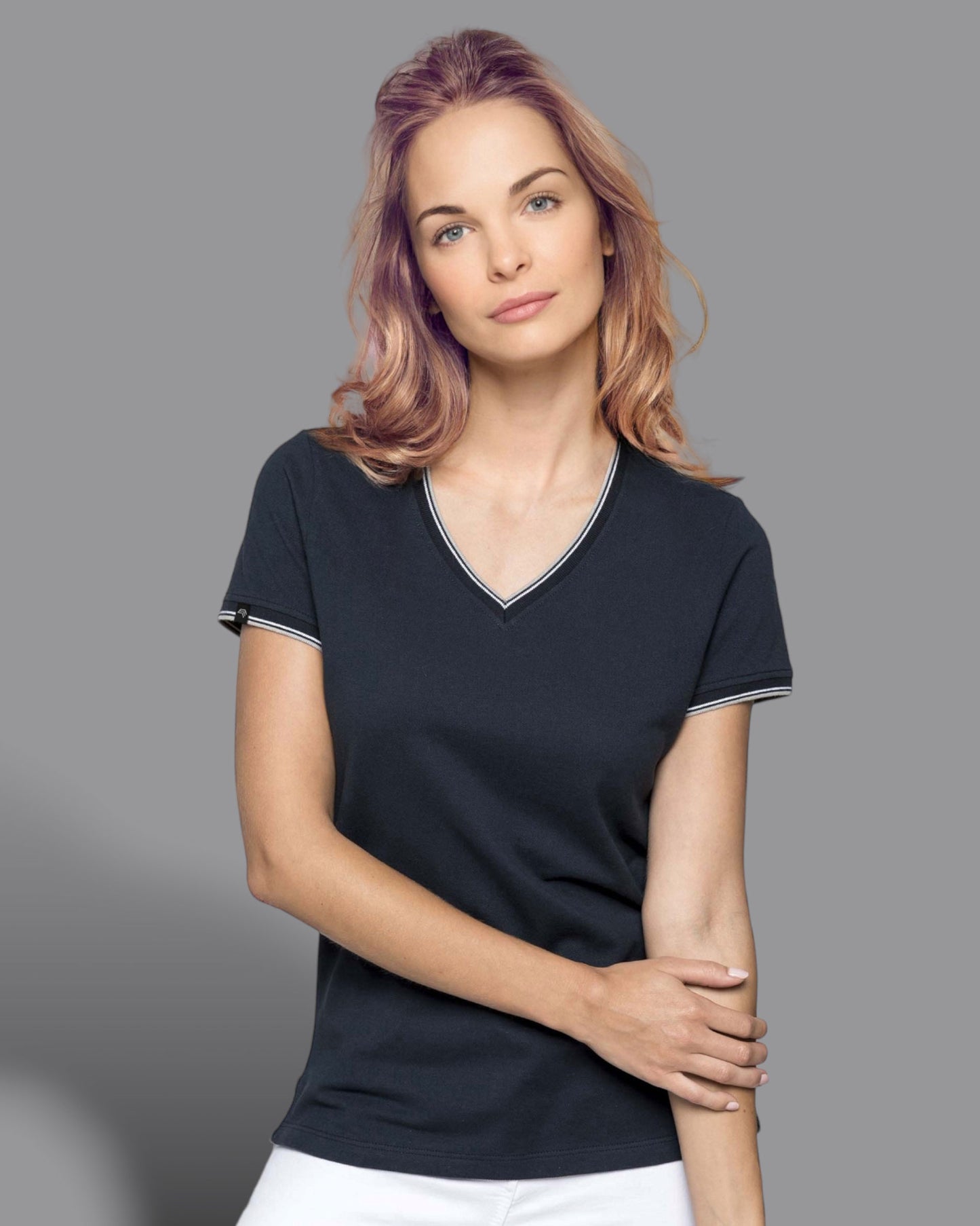― % ― KRB K394 ― Women's Piqué-Trikot V-Neck T-Shirt - Navy Blau / Red [XL]