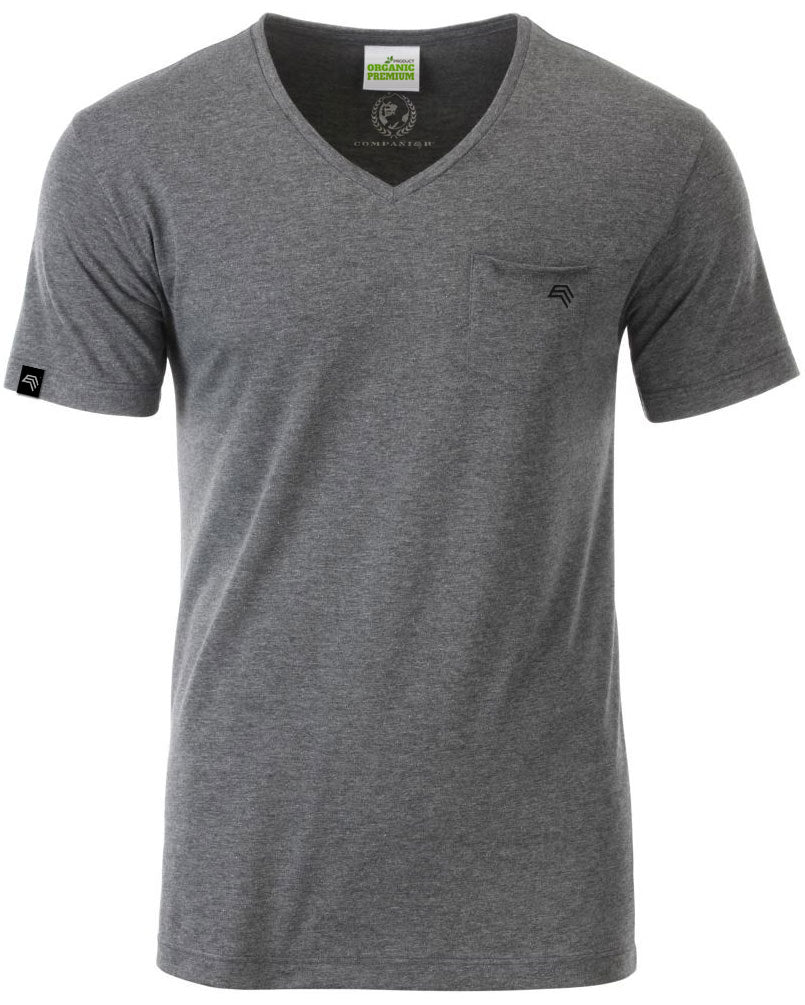 ― % ― JAN 8004 ― Herren Bio-Baumwolle V-Neck T-Shirt mit Brusttasche - Heather Melange Grau / XL