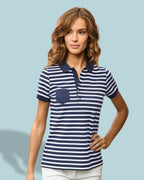 Clearance Item / Remnants ― JAN 8029 ― Women's Organic Cotton Striped Polo Shirt - Atlantic Blue / White