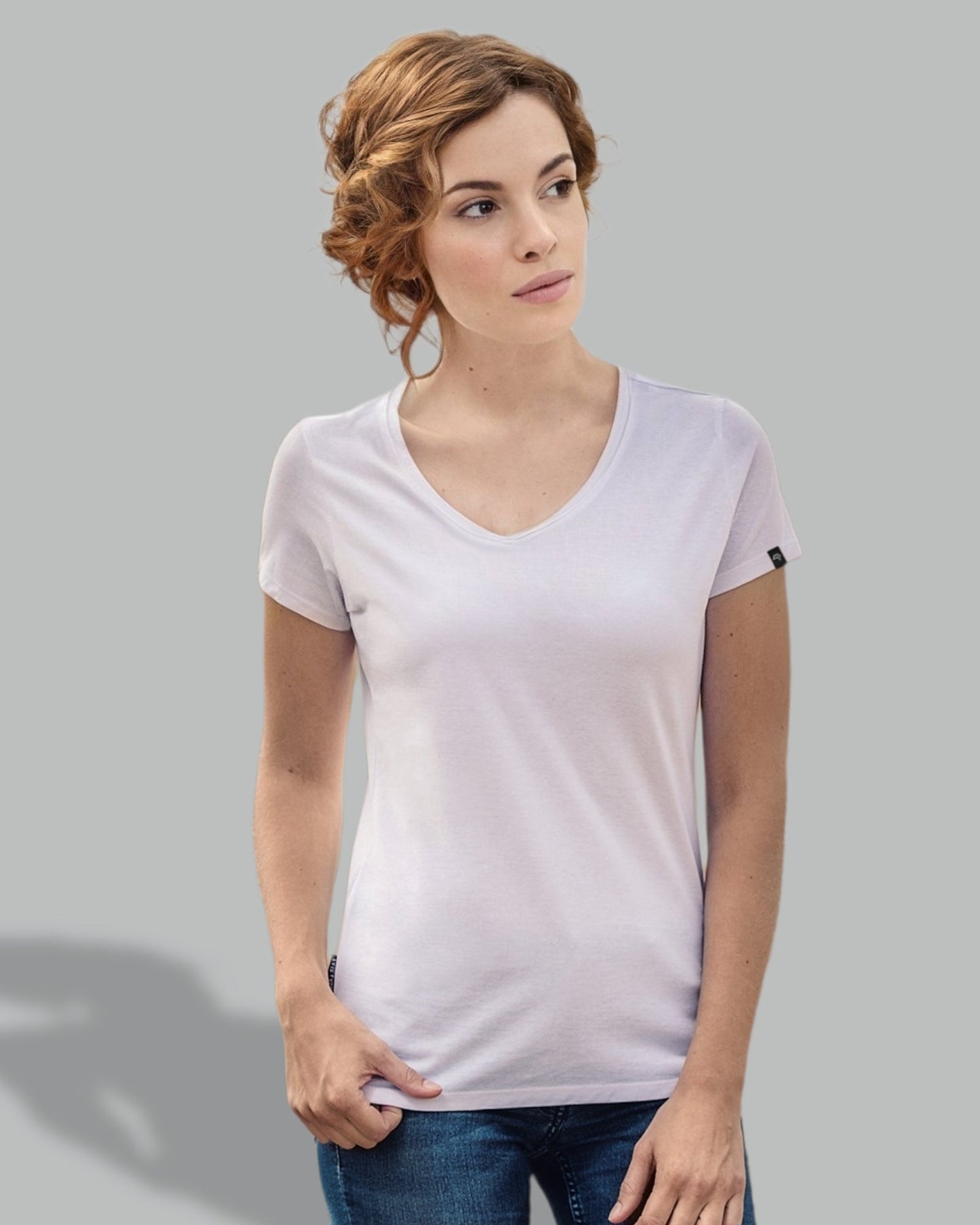 ― % ― RMH 0202/ ― Damen Luxury Bio-Baumwolle V-Neck T-Shirt - Heather Grau Melange [S]