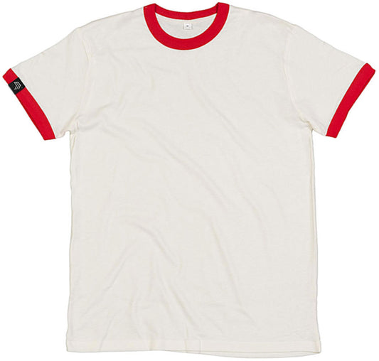 Auslaufartikel ― MTS M175 ― Unisex Bio-Baumwolle Peach Finish Retro Ringer T-Shirt - Natural Weiß / Rot